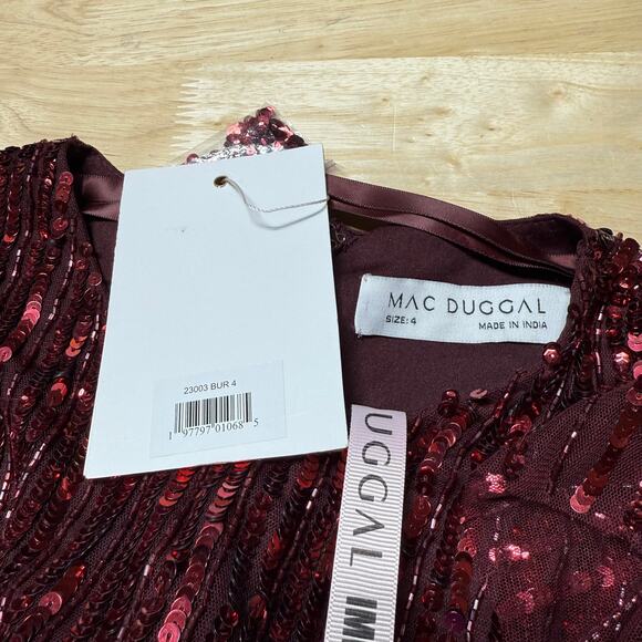 Mac Duggal NWT Red Long Sleeve Ruffle Detail Sequin Midi Dress Size 4 High Neck - Picture 6 of 10